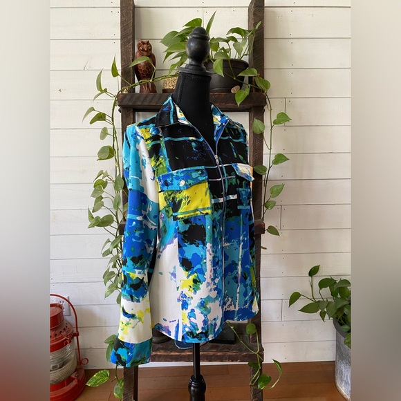 Tracy M: Vibrant Abstract Zip-Up Jacket Shirt with Two Snap Button Front Pockets - Picture 12 of 17